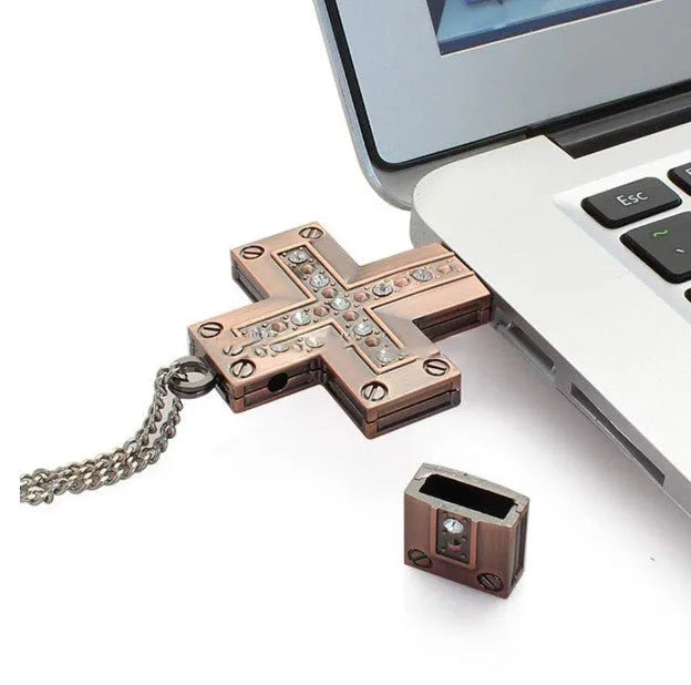 Golden metal cross-shaped USB flash drive with 32GB capacity and USB 2.0 interface