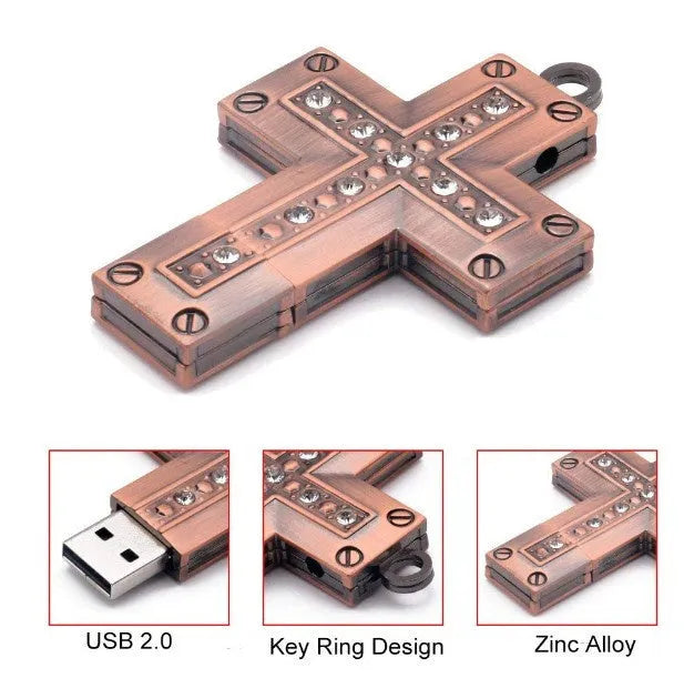 Golden metal cross-shaped USB flash drive with 32GB capacity and USB 2.0 interface