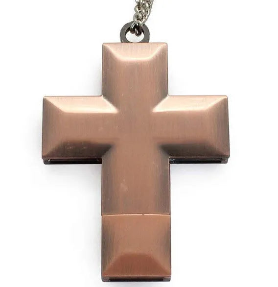 Golden metal cross-shaped USB flash drive with 32GB capacity and USB 2.0 interface