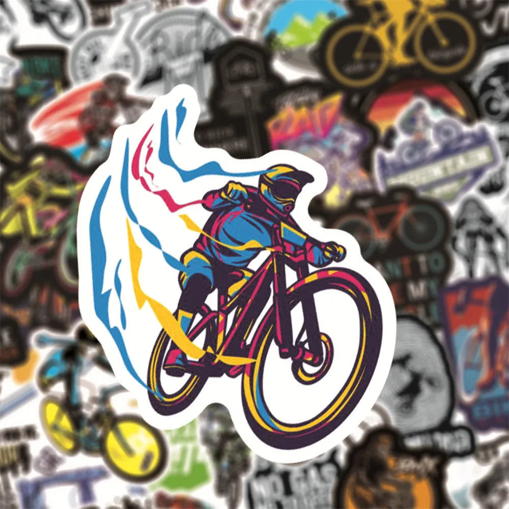 Pack of 50 bicycle-themed doodle stickers for decorating notebooks, skateboards, and cases.