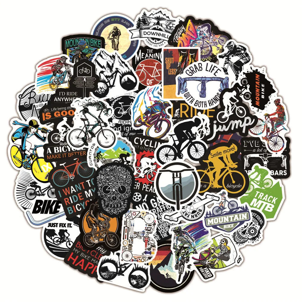 Pack of 50 bicycle-themed doodle stickers for decorating notebooks, skateboards, and cases.