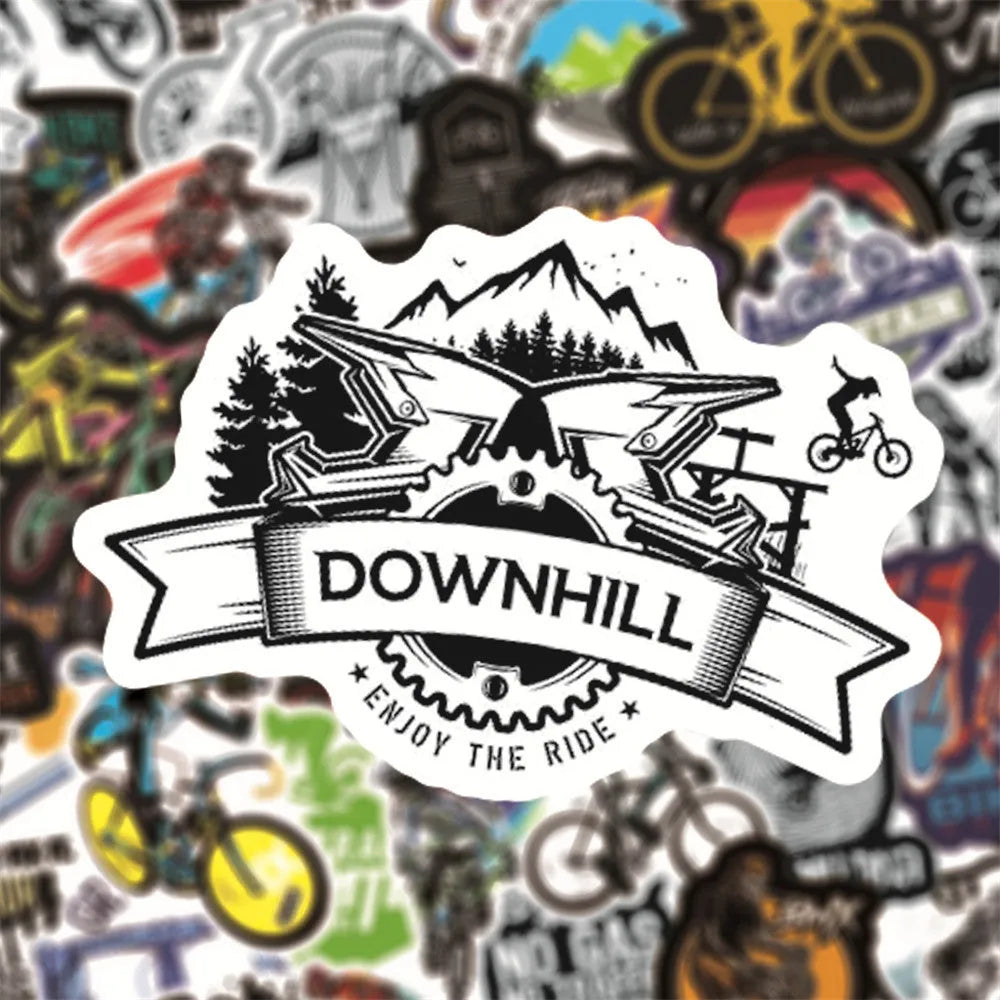Pack of 50 bicycle-themed doodle stickers for decorating notebooks, skateboards, and cases.
