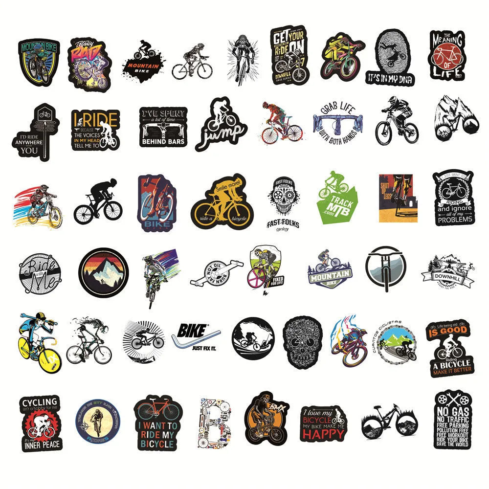 Pack of 50 bicycle-themed doodle stickers for decorating notebooks, skateboards, and cases.