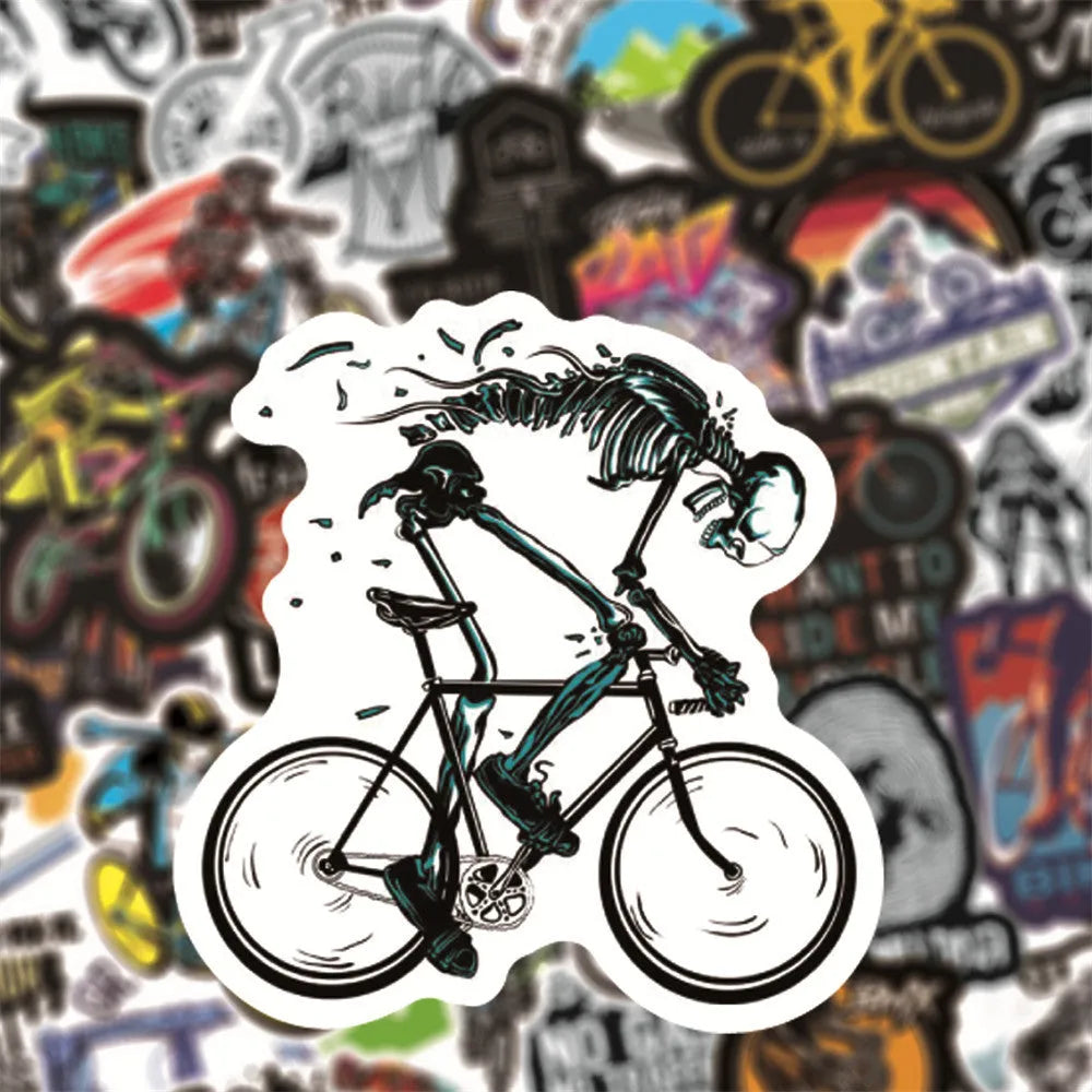 Pack of 50 bicycle-themed doodle stickers for decorating notebooks, skateboards, and cases.