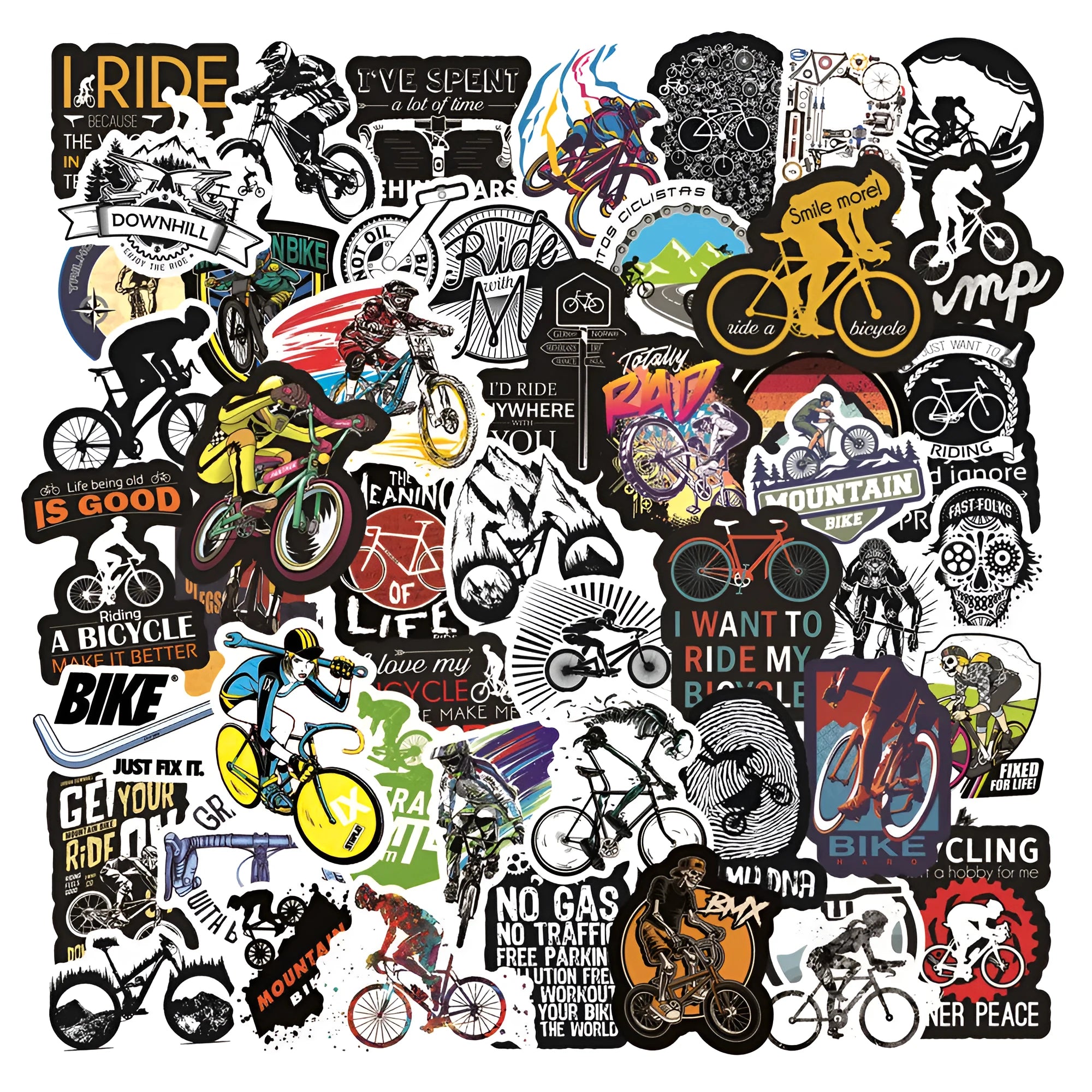 Pack of 50 bicycle-themed doodle stickers for decorating notebooks, skateboards, and cases.