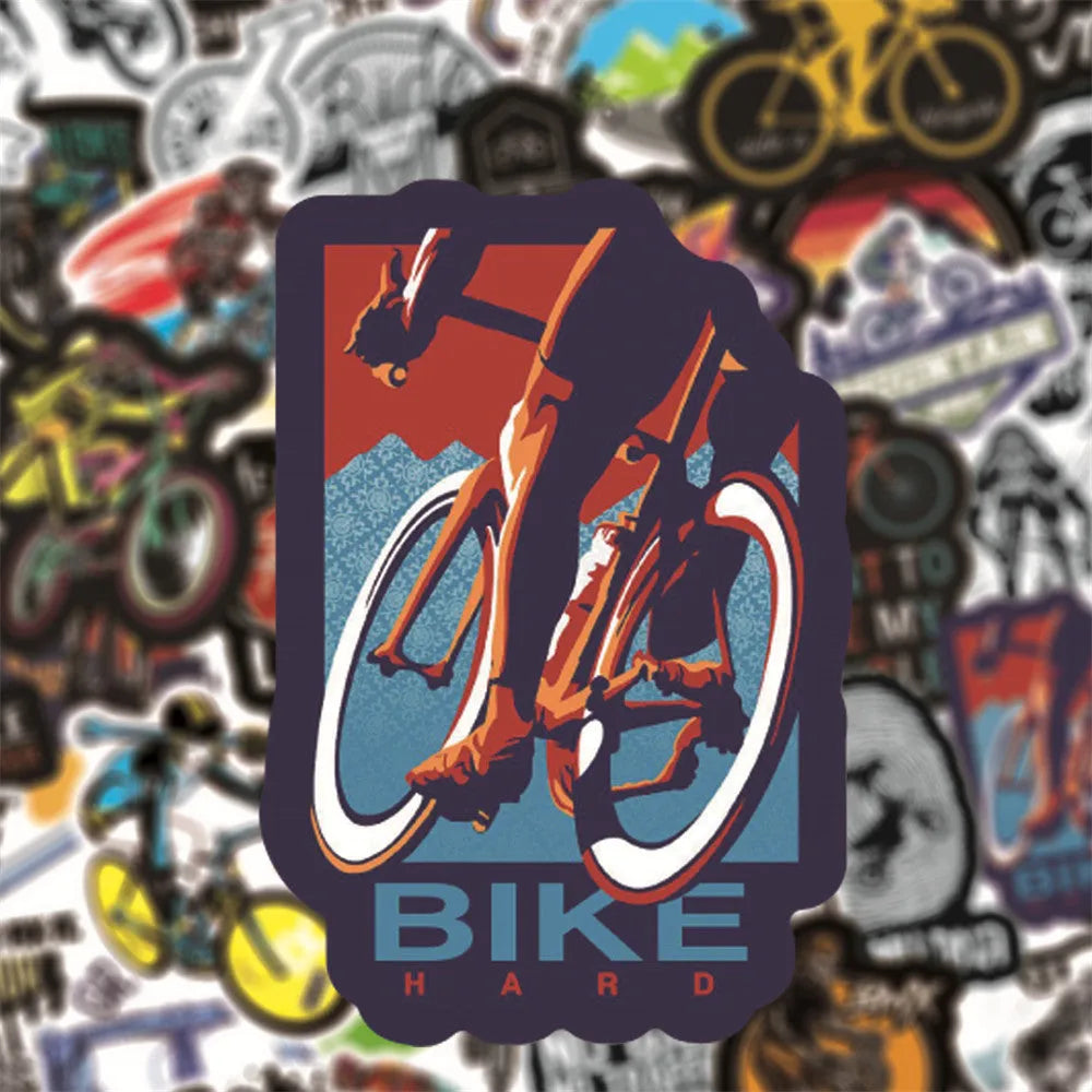 Pack of 50 bicycle-themed doodle stickers for decorating notebooks, skateboards, and cases.