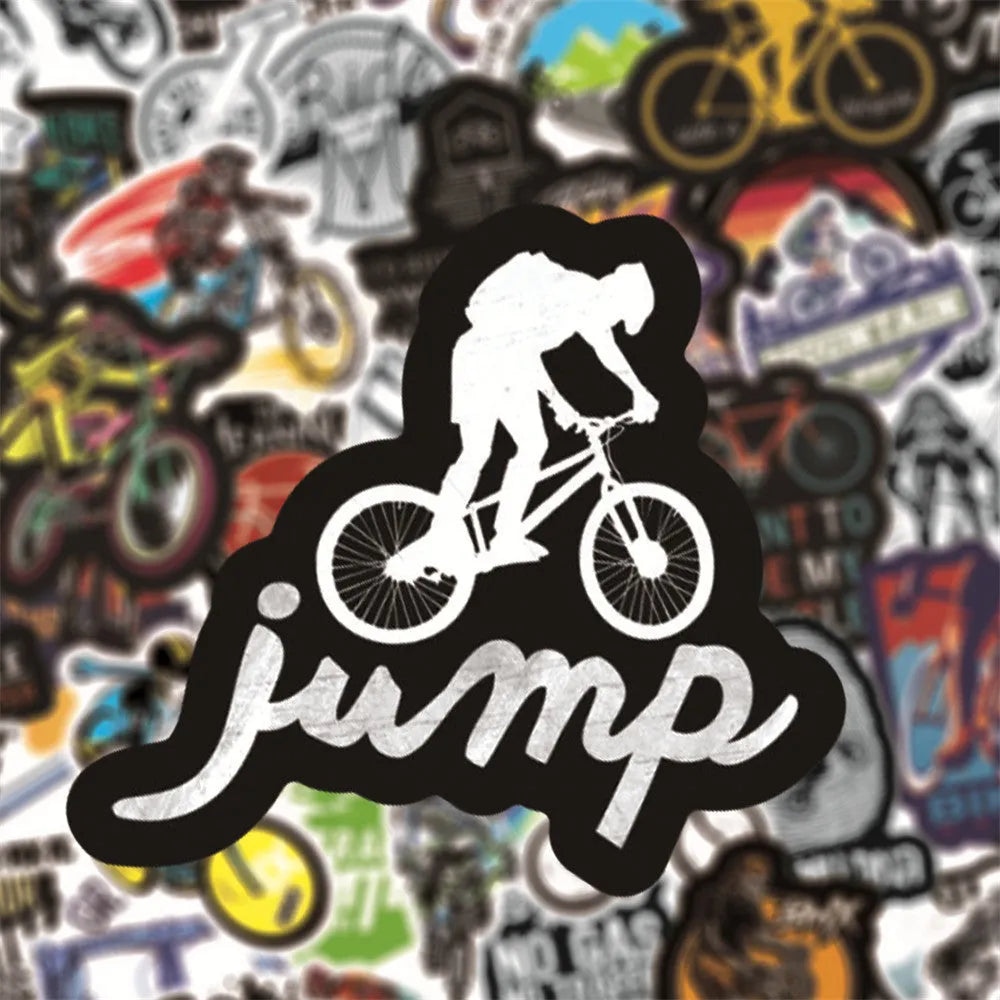 Pack of 50 bicycle-themed doodle stickers for decorating notebooks, skateboards, and cases.