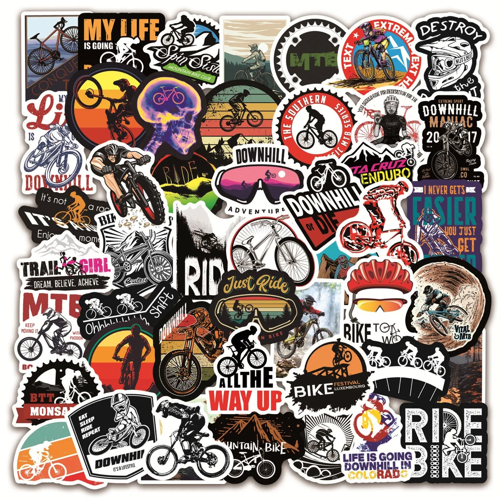 Pack of 50 bicycle-themed doodle stickers for decorating notebooks, skateboards, and cases.
