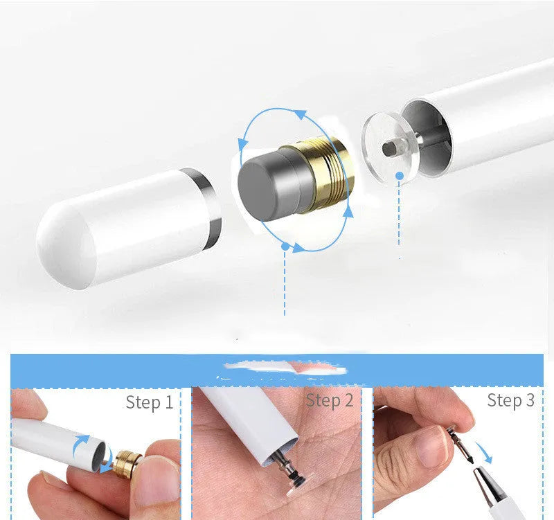 Capacitive stylus pen with transparent disc tip and magnetic cap in black colour