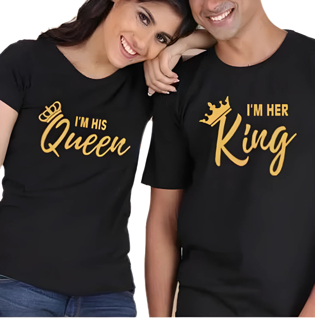 Black cotton t-shirt with gold I'm her king letter print on front, short sleeves, round neck