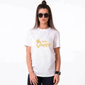 Black cotton t-shirt with gold I'm her king letter print on front, short sleeves, round neck