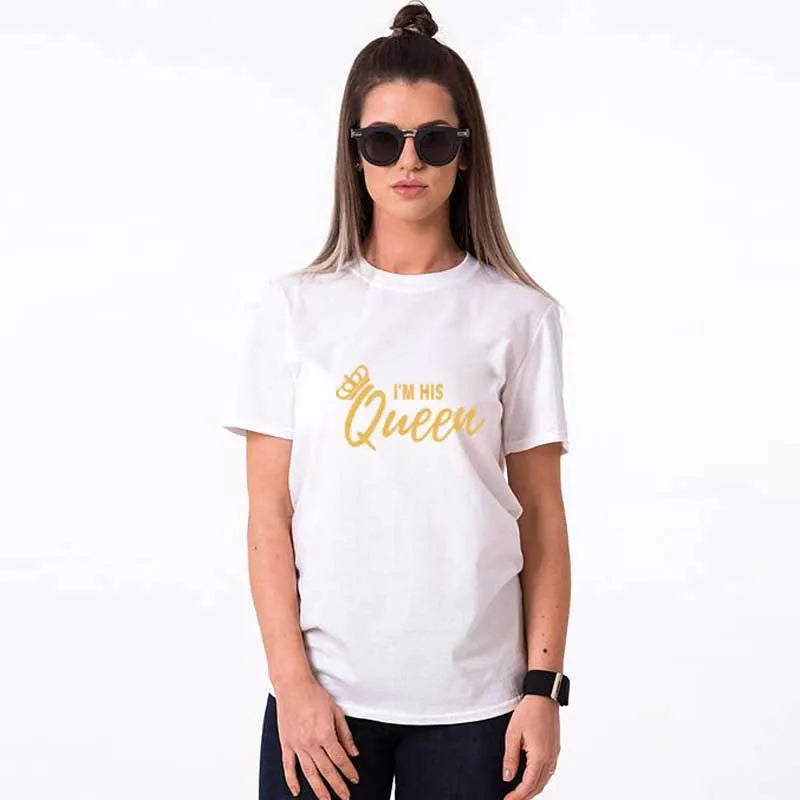 Black cotton t-shirt with gold I'm her king letter print on front, short sleeves, round neck