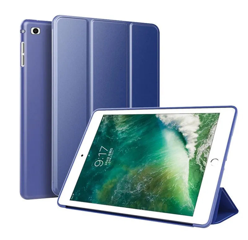 iPad Air 2 protective case in blue with a built-in silicone kickstand extended at the back.