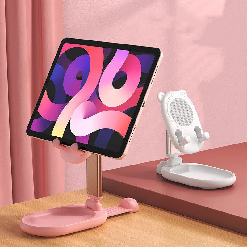 Adjustable foldable desk phone holder and tablet stand with mirror, non-slip base, blue colour