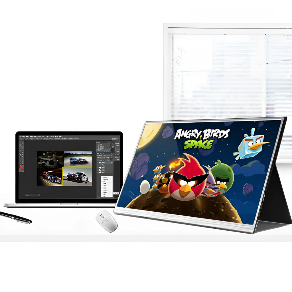15-inch black portable monitor with HDMI and USB-C ports on a table next to cables.