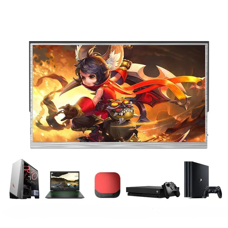15-inch black portable monitor with HDMI and USB-C ports on a table next to cables.