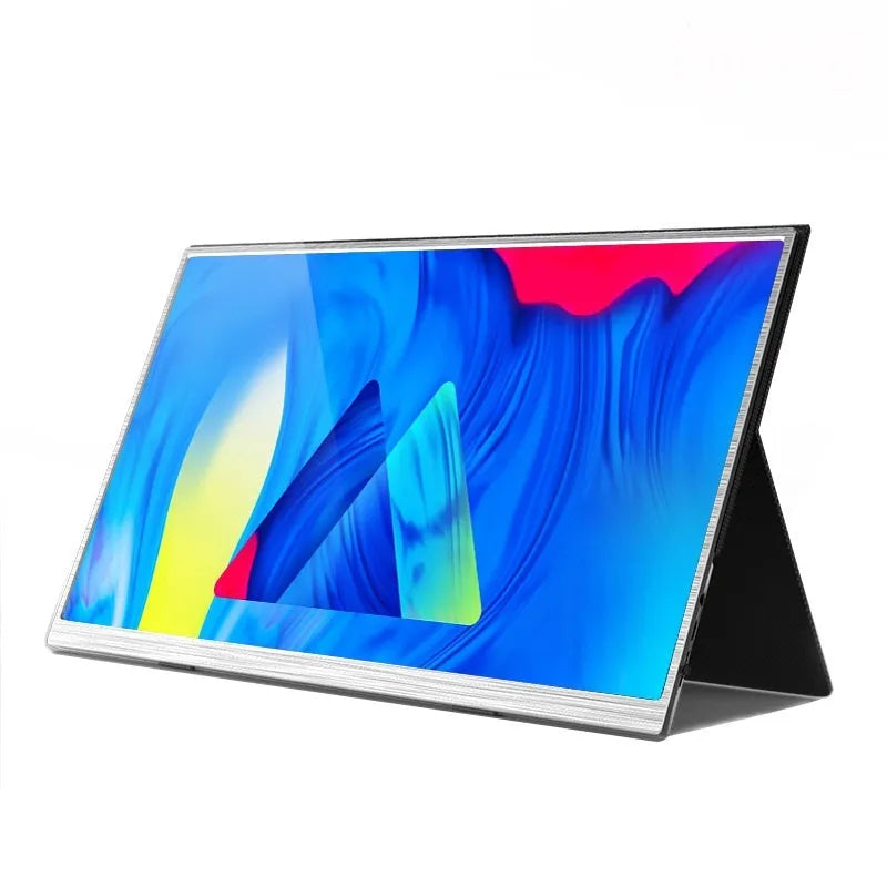 15-inch black portable monitor with HDMI and USB-C ports on a table next to cables.