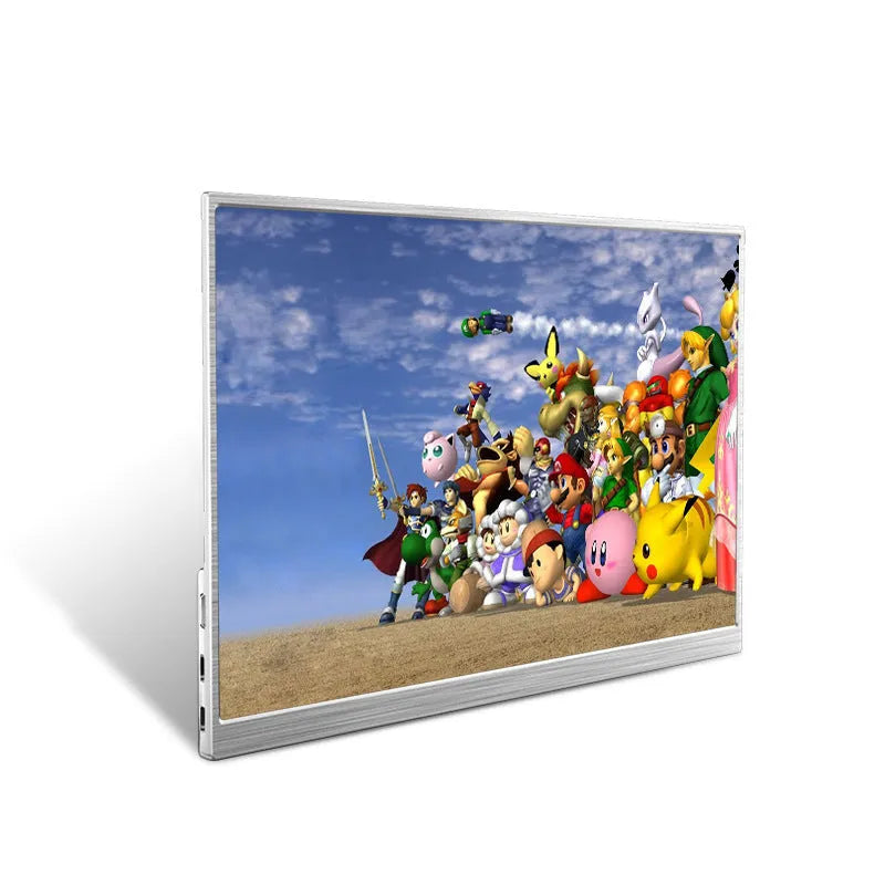 15-inch black portable monitor with HDMI and USB-C ports on a table next to cables.