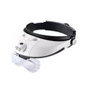 LED headband magnifier with five interchangeable acrylic lenses and two built-in LED lights on a white background