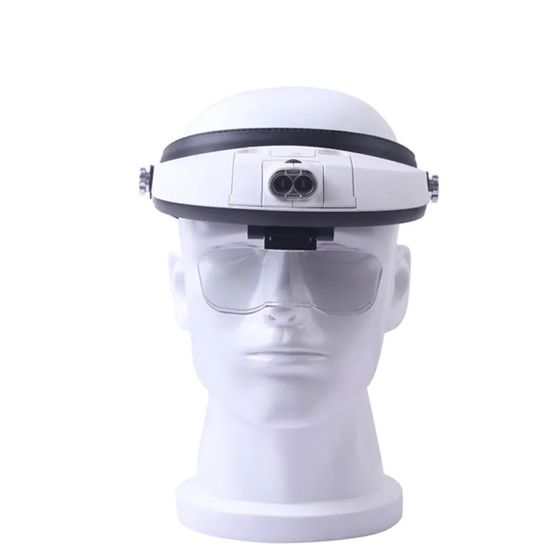 LED headband magnifier with five interchangeable acrylic lenses and two built-in LED lights on a white background