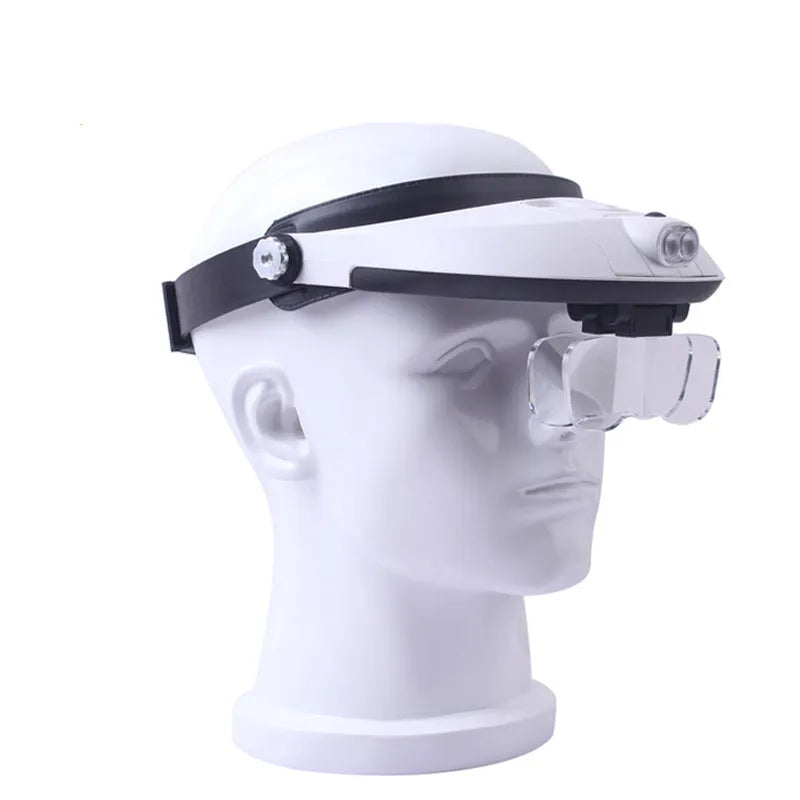 LED headband magnifier with five interchangeable acrylic lenses and two built-in LED lights on a white background