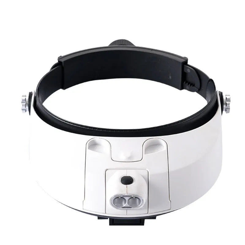 LED headband magnifier with five interchangeable acrylic lenses and two built-in LED lights on a white background