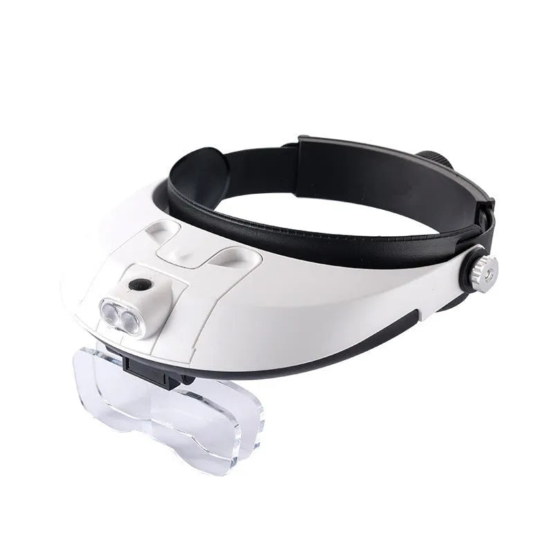 LED headband magnifier with five interchangeable acrylic lenses and two built-in LED lights on a white background