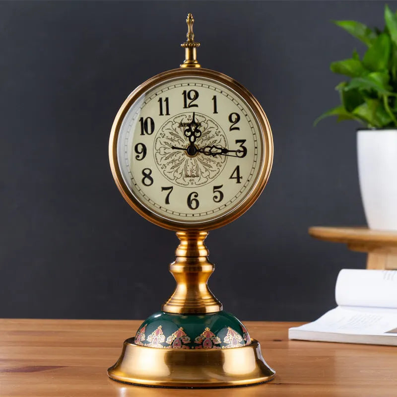 12 inch retro table clock with metal case and ceramic ice cracked finish on a wooden desk