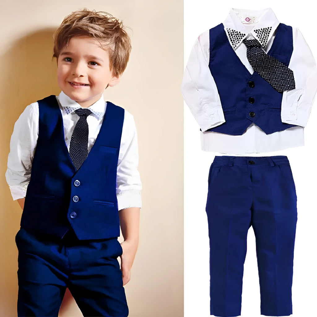 Blue boys' cotton gentleman suit set with turtleneck, vest, tie and trousers for spring autumn wear