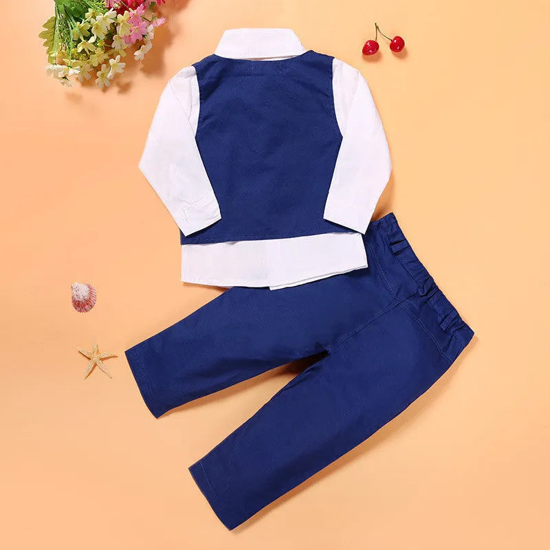 Blue boys' cotton gentleman suit set with turtleneck, vest, tie and trousers for spring autumn wear