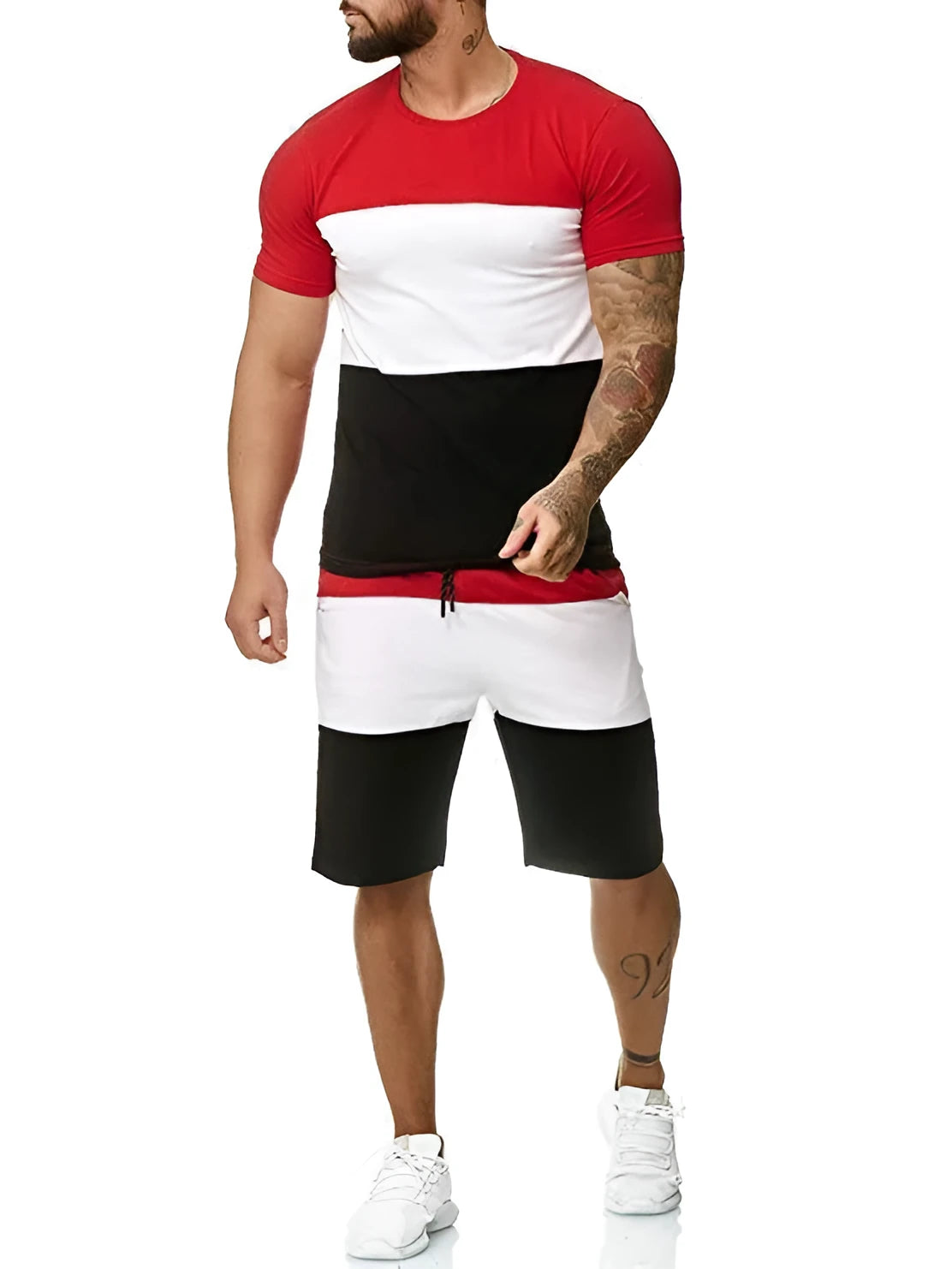 Men's casual cotton blend sports suit set with short sleeve round neck top and trousers in multiple colours
