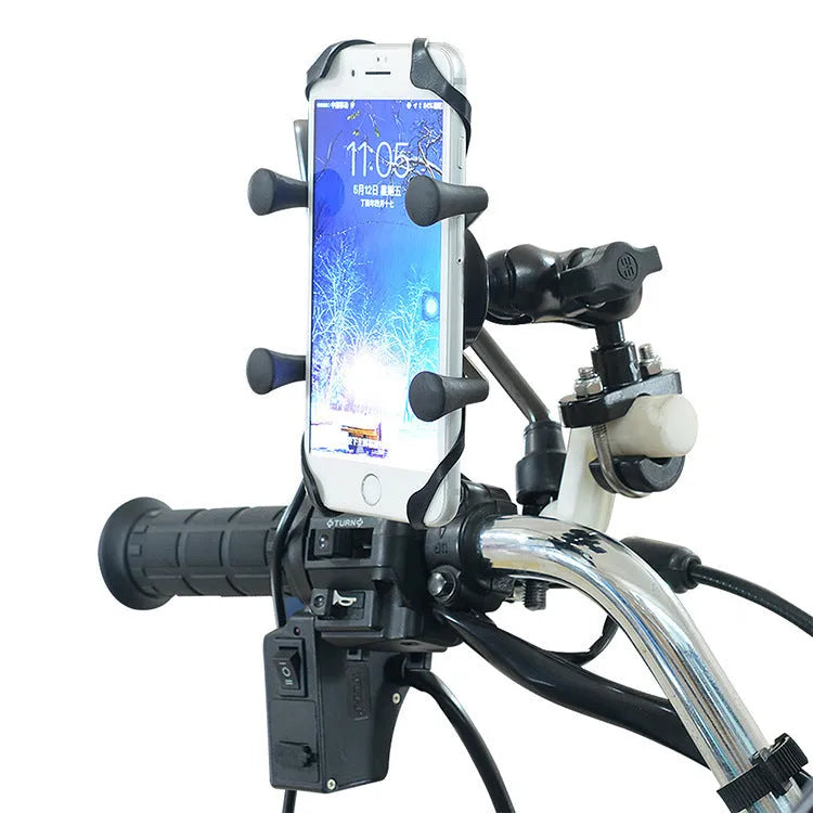 Black aluminium alloy motorcycle phone mounting bracket installed on handlebar