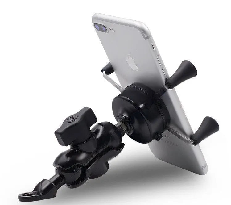 Black aluminium alloy motorcycle phone mounting bracket installed on handlebar