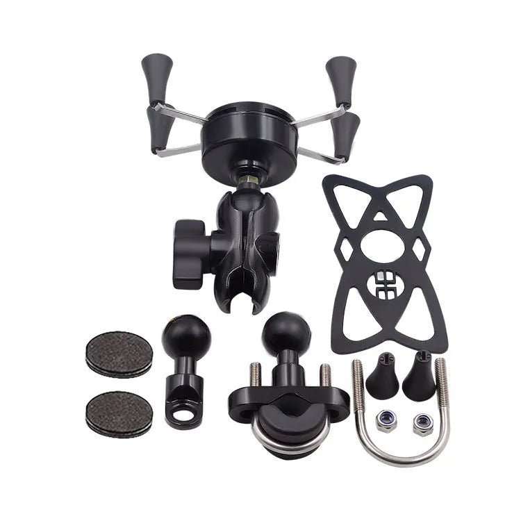 Black aluminium alloy motorcycle phone mounting bracket installed on handlebar