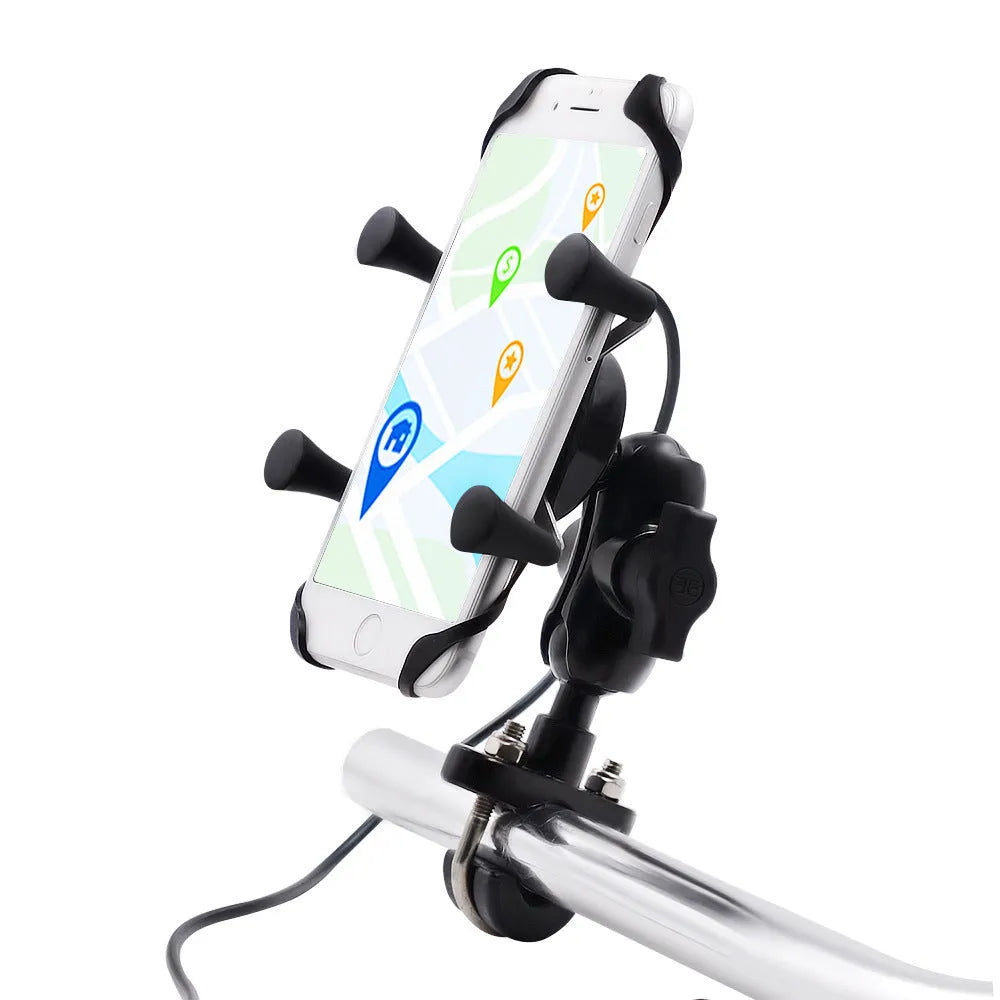 Black aluminium alloy motorcycle phone mounting bracket installed on handlebar