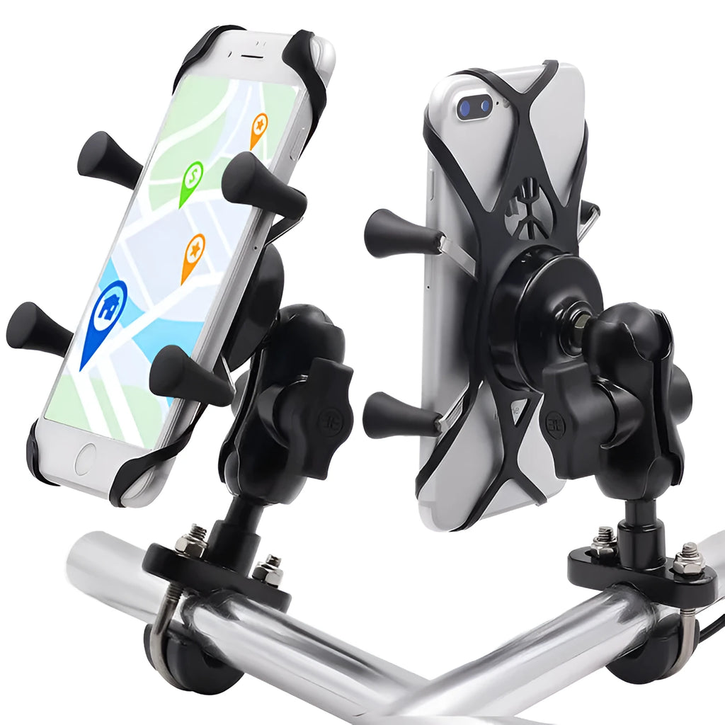 Black aluminium alloy motorcycle phone mounting bracket installed on handlebar