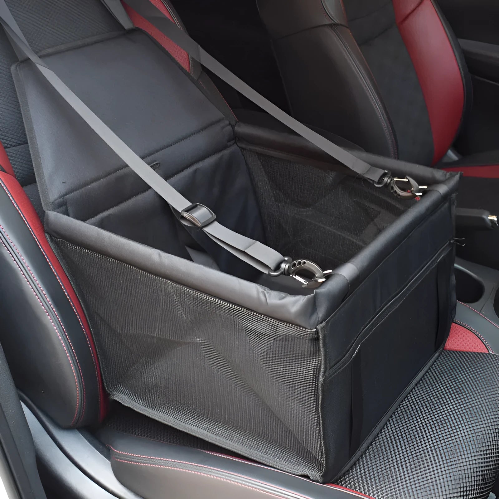 Breathable pet car bag in grey with safety traction and zipper pocket, dimensions 40x30x25cm