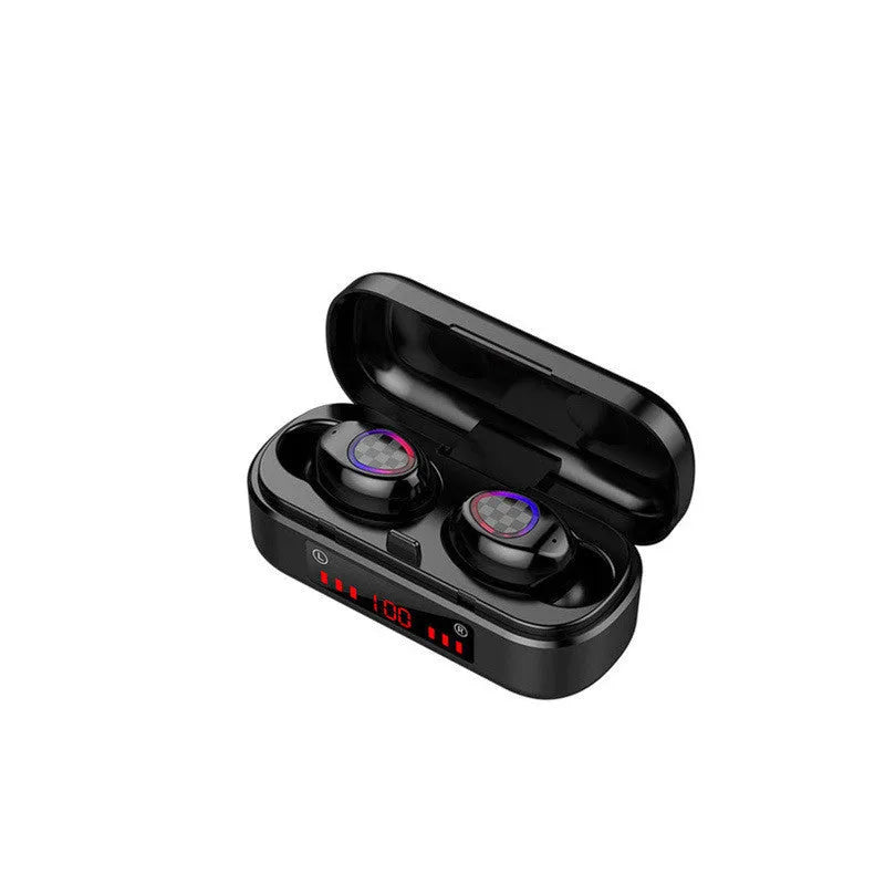 M7 binaural Bluetooth earbuds in black with digital display charging case