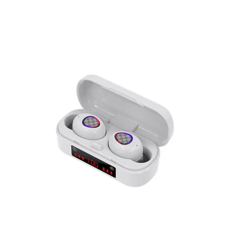 M7 binaural Bluetooth earbuds in black with digital display charging case