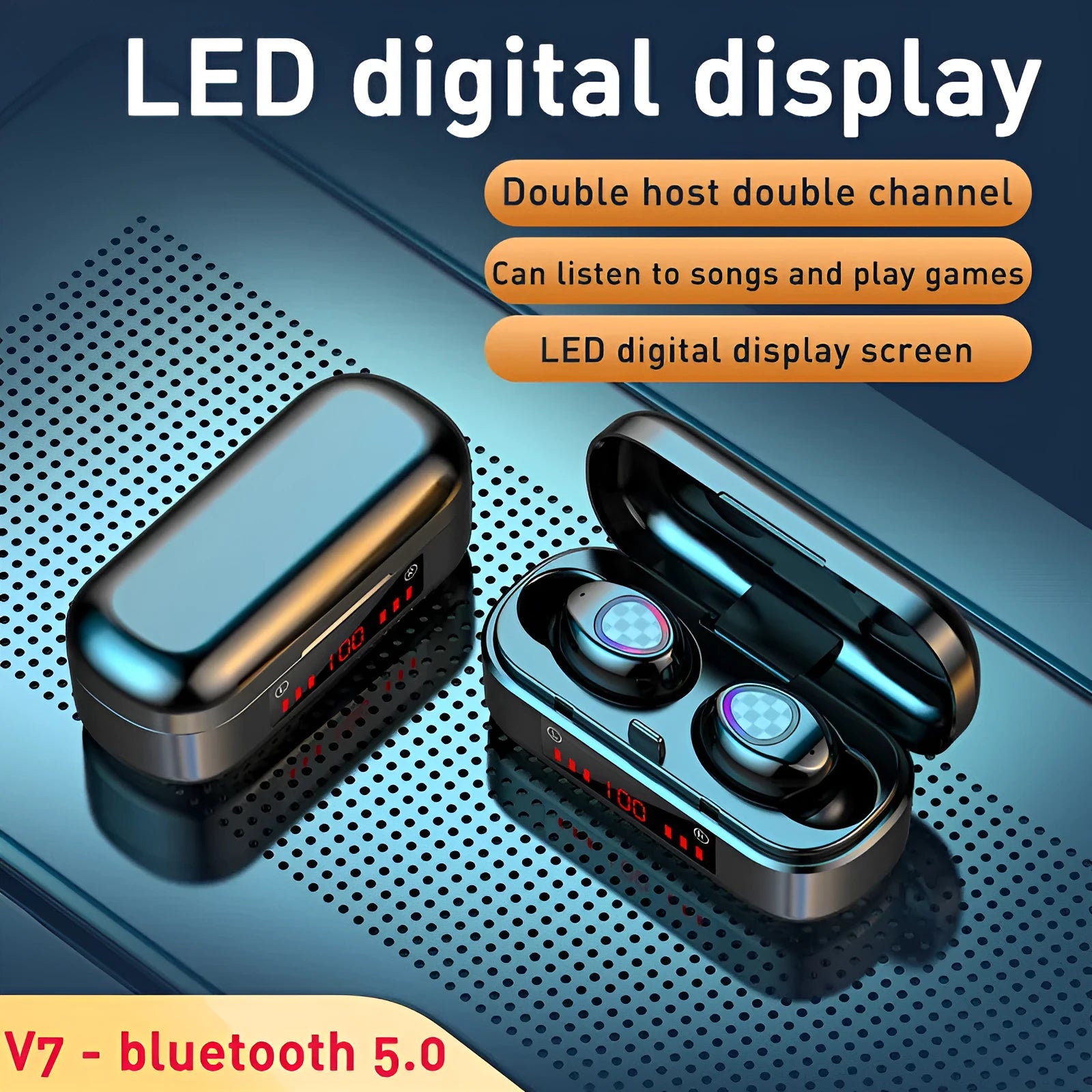 M7 binaural Bluetooth earbuds in black with digital display charging case