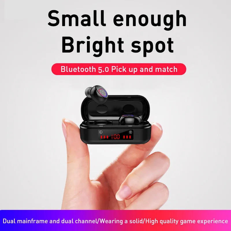 M7 binaural Bluetooth earbuds in black with digital display charging case