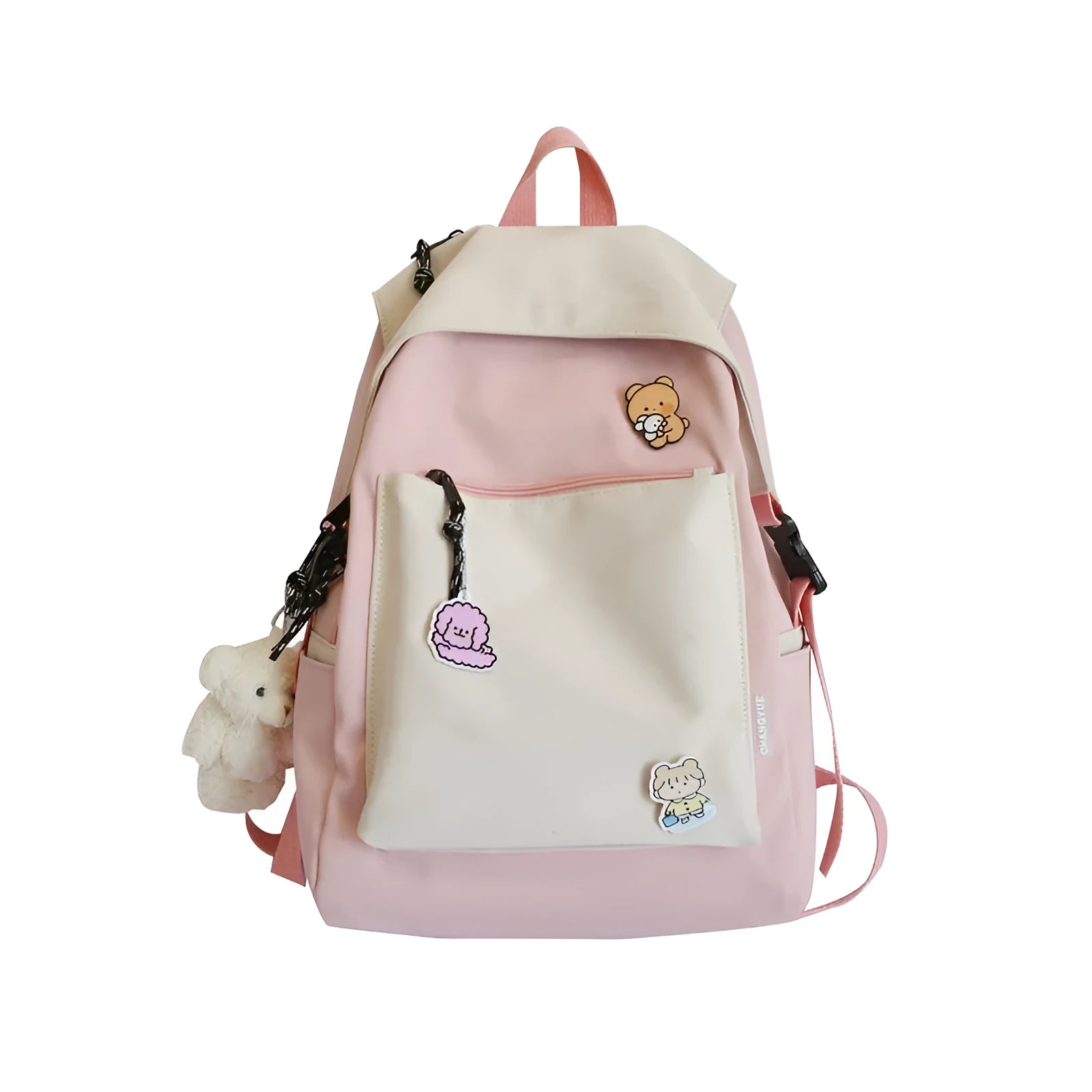 Korean style college backpack 20-35L water repellent in pink, front view