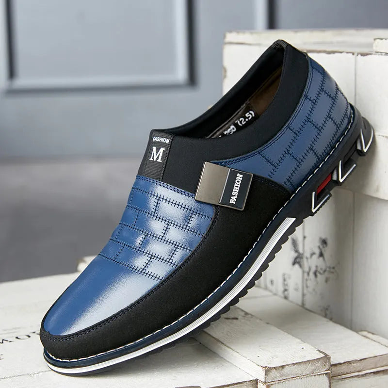Men's blue, black, and brown casual leather shoes showing low-cut design, available in large sizes.
