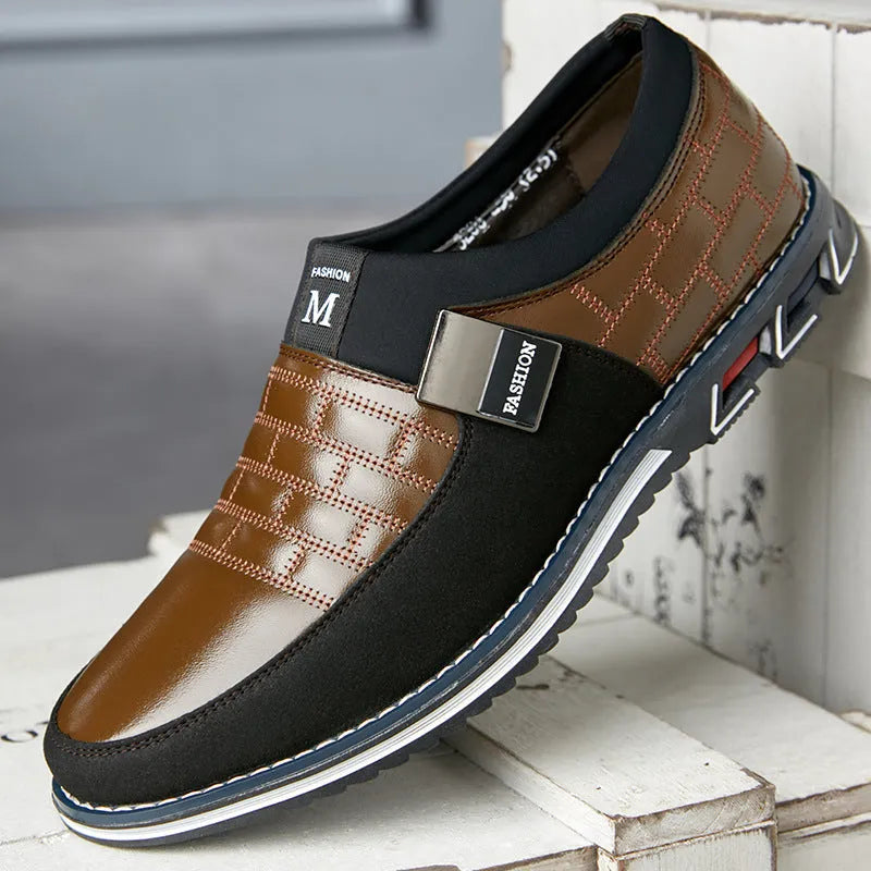 Men's blue, black, and brown casual leather shoes showing low-cut design, available in large sizes.