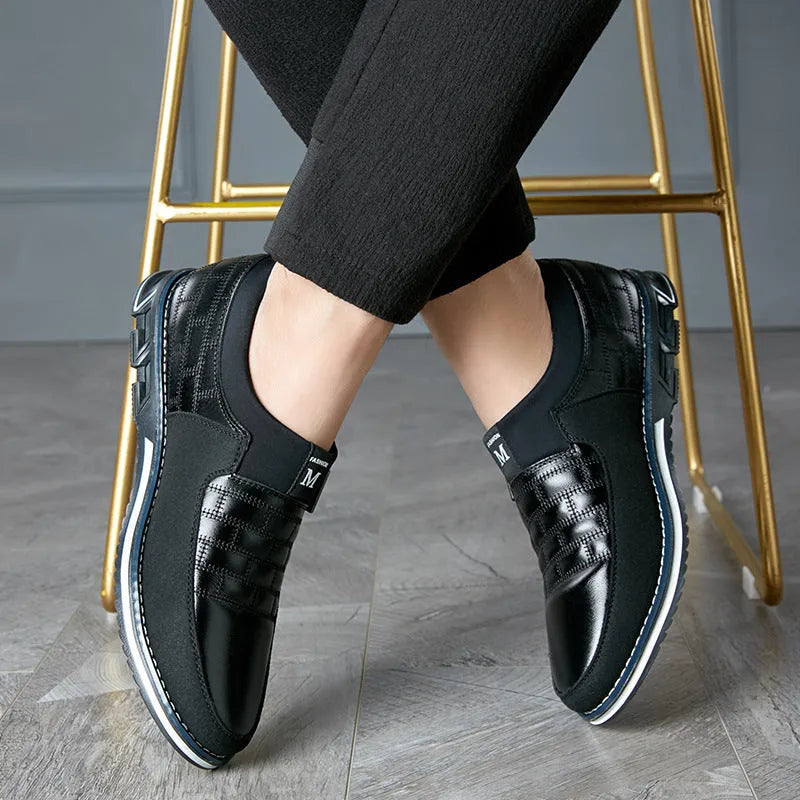 Men's blue, black, and brown casual leather shoes showing low-cut design, available in large sizes.