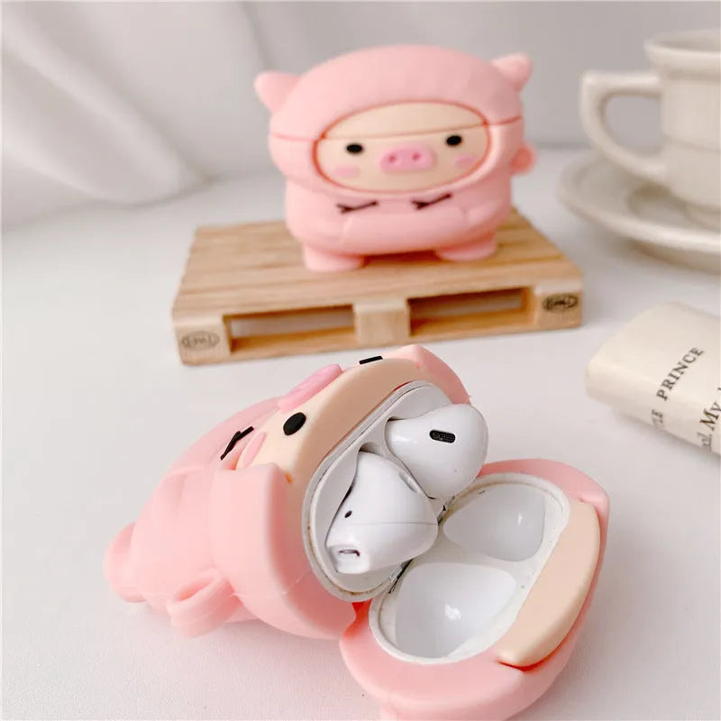 Pink silicone flip case for Apple AirPods with cartoon pig ears design and carrying hook