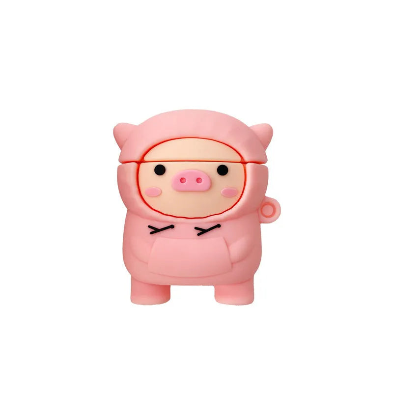 Pink silicone flip case for Apple AirPods with cartoon pig ears design and carrying hook