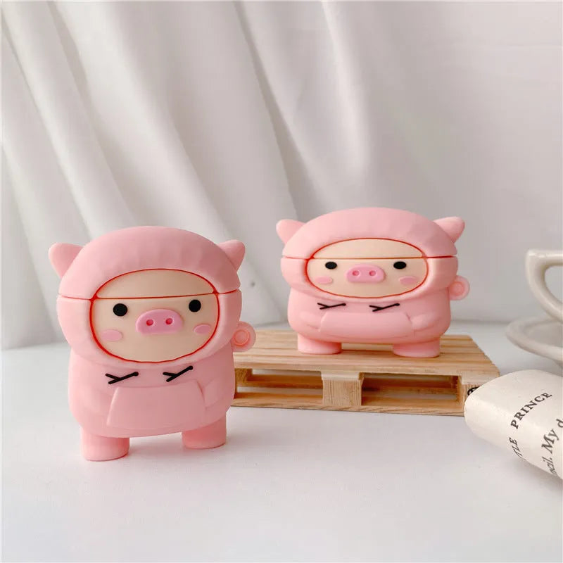 Pink silicone flip case for Apple AirPods with cartoon pig ears design and carrying hook