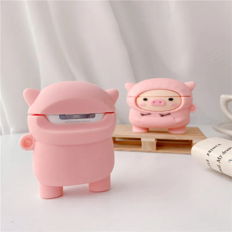 Pink silicone flip case for Apple AirPods with cartoon pig ears design and carrying hook