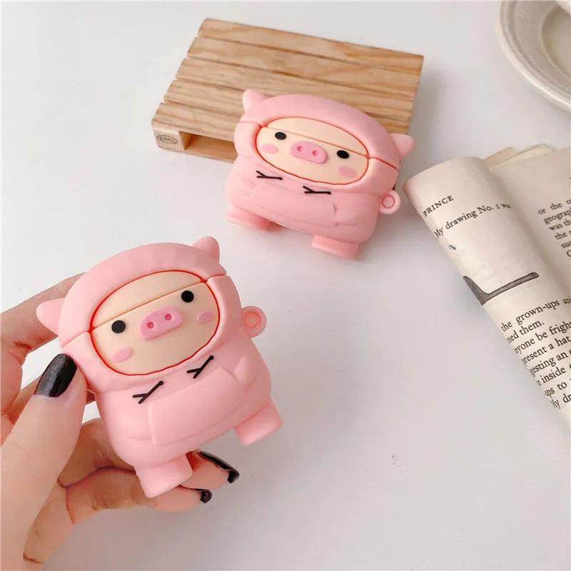 Pink silicone flip case for Apple AirPods with cartoon pig ears design and carrying hook